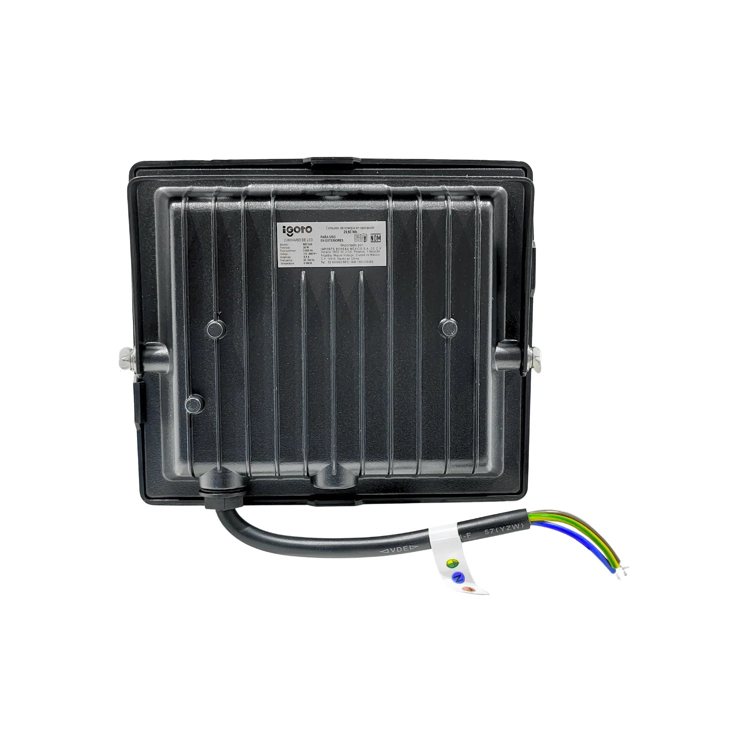Reflector LED Igoto 30W negro modelo REF-030 para uso exterior, con disipador y cable eléctrico.