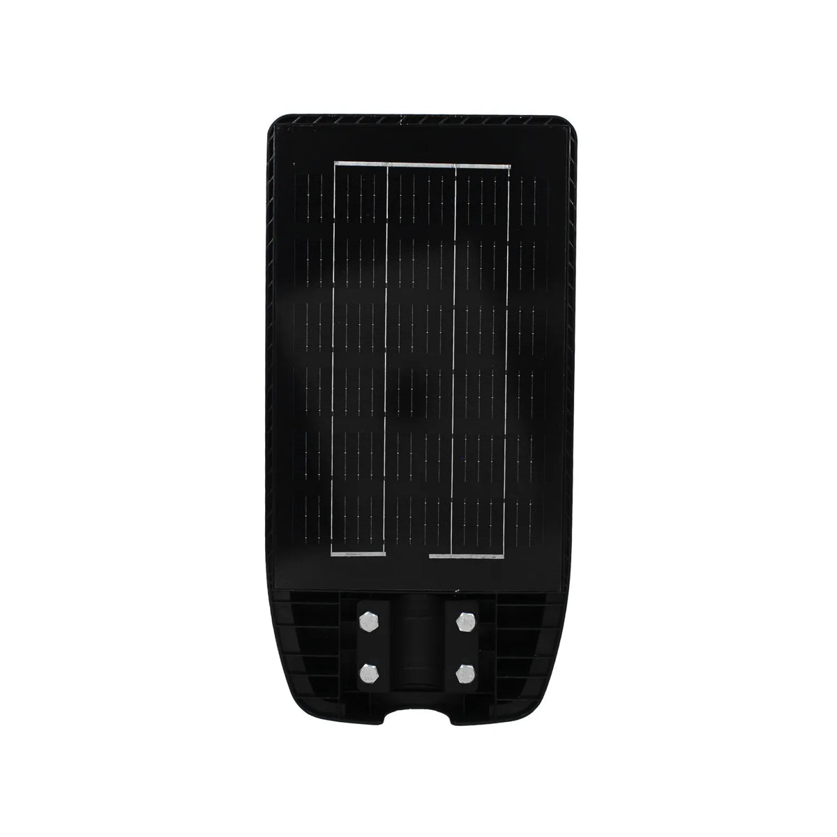 Luminaria solar suburbana negra con panel integrado y soporte de montaje para iluminación LED exterior.