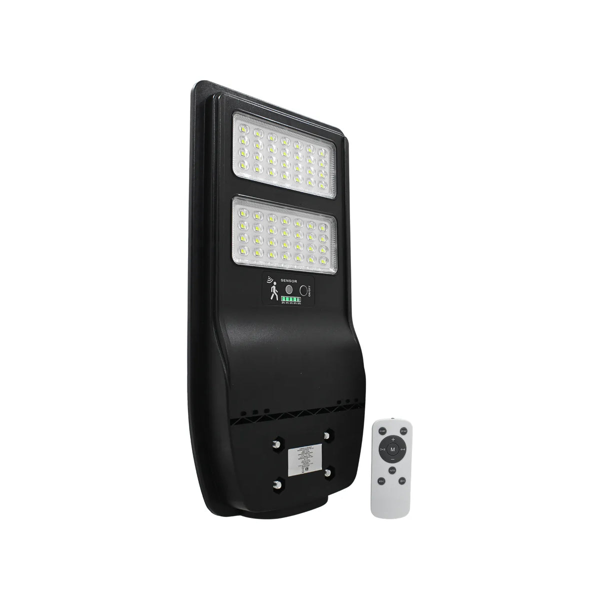 Lámpara solar LED exterior negra con sensor de movimiento, dos paneles de luz y control remoto.