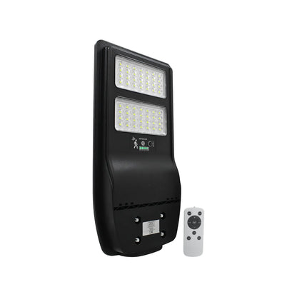 Lámpara solar LED exterior negra con sensor de movimiento, dos paneles de luz y control remoto.