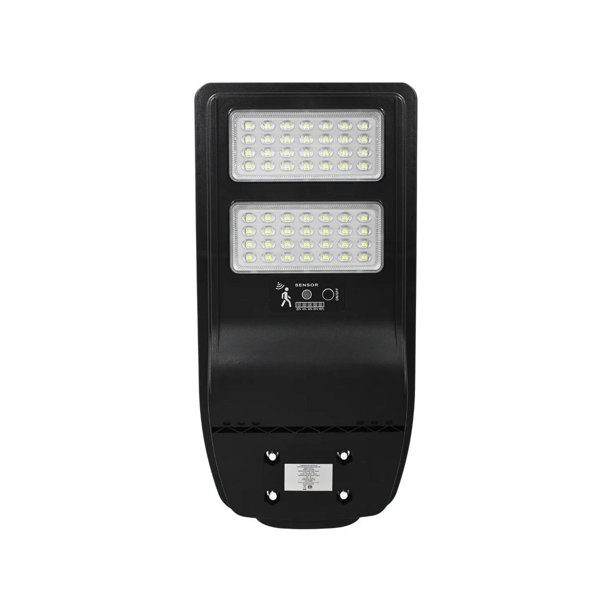 Luminaria solar LED exterior negra con sensor de movimiento e indicador de carga para alumbrado público