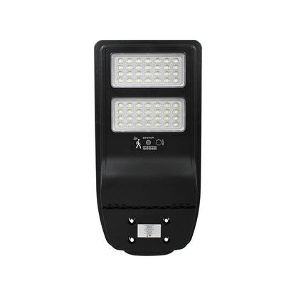 Luminaria solar LED exterior negra con sensor de movimiento e indicador de carga para alumbrado público