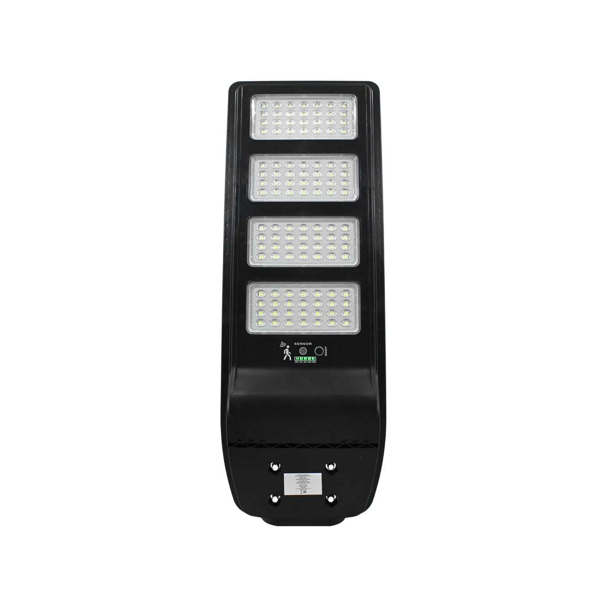 Luminaria solar LED para exterior con 4 paneles, sensor de movimiento y monitor de carga batería color negro