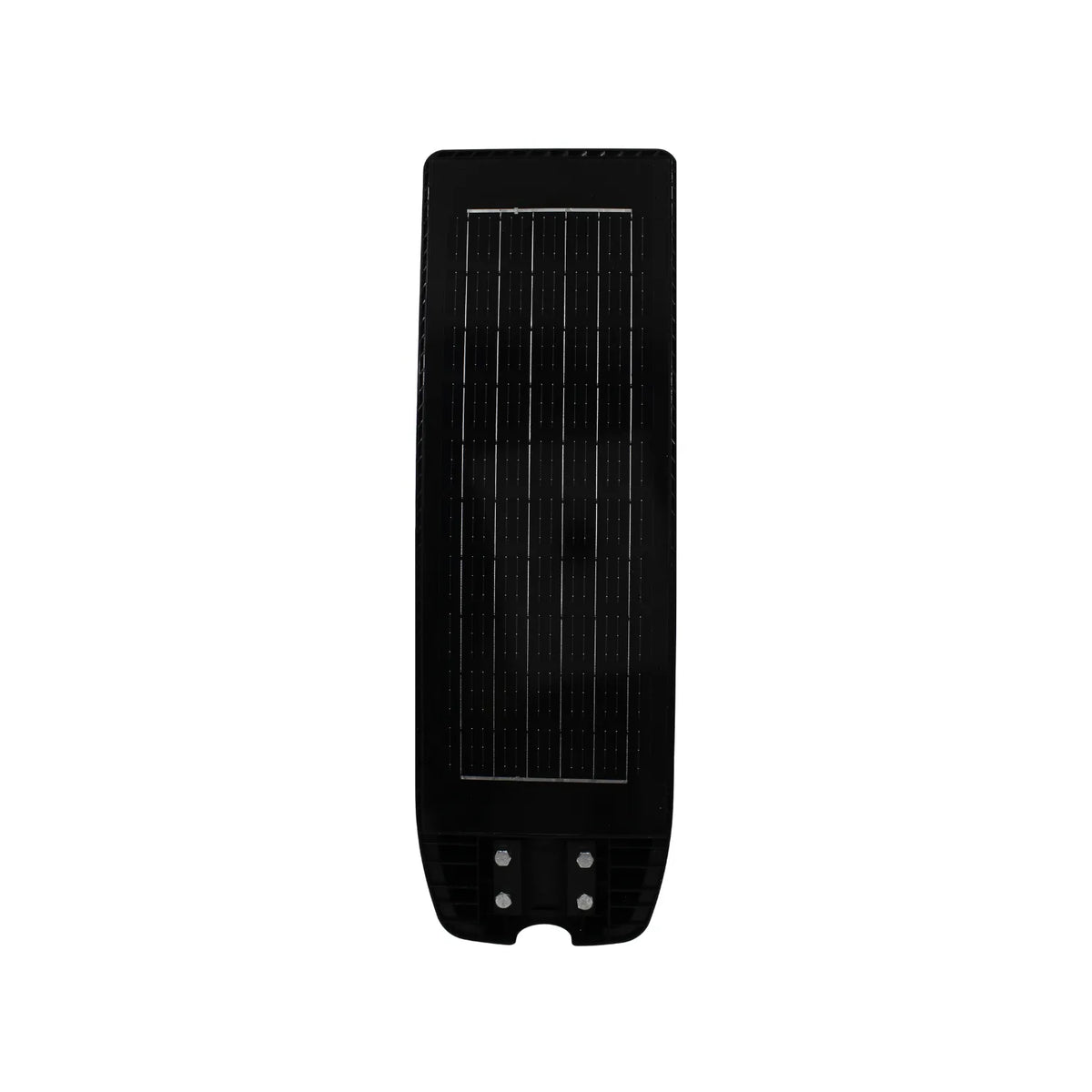 Lámpara solar para alumbrado público con panel integrado y base de montaje para exteriores color negro.