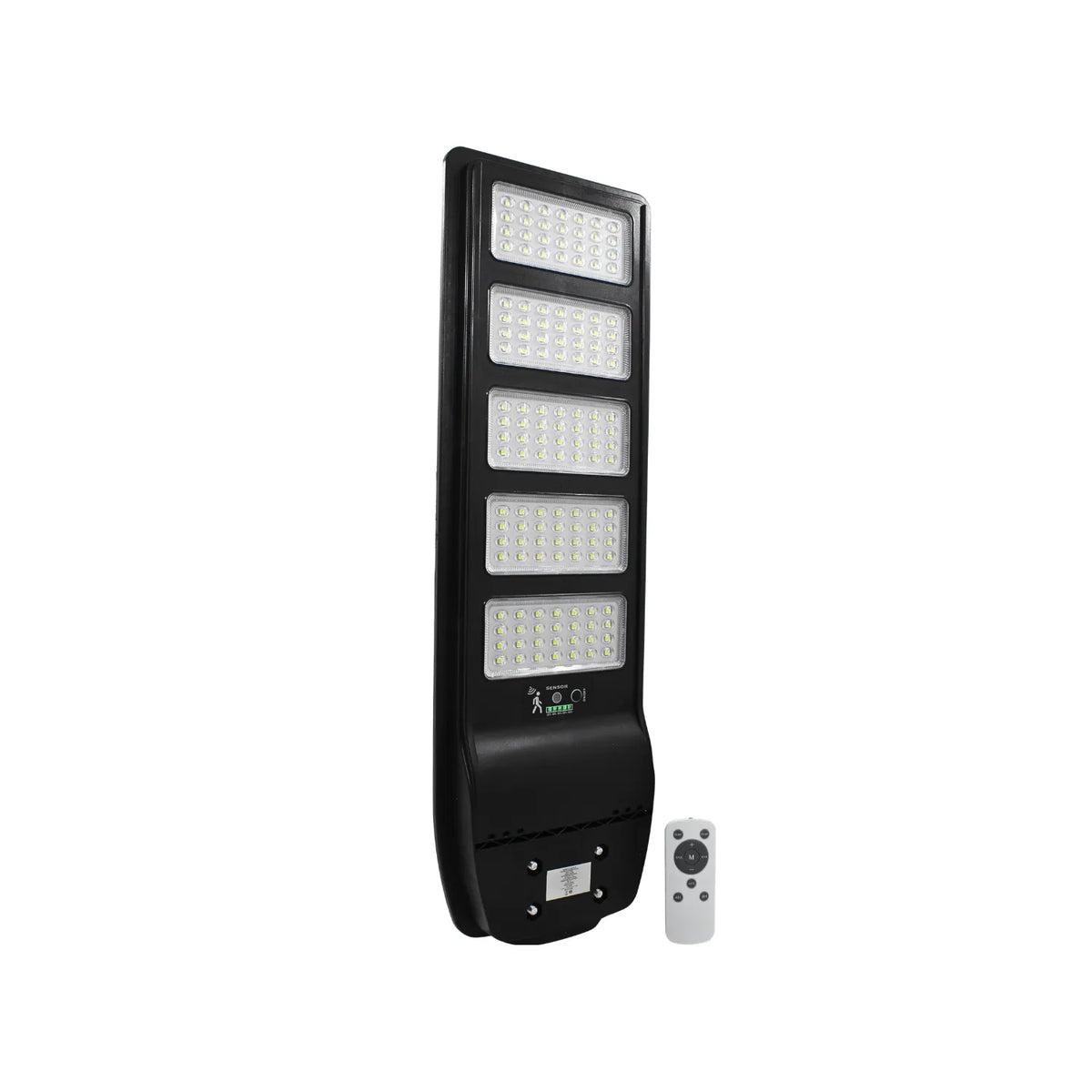 Luminaria solar LED exterior negra 5 paneles con sensor de movimiento control remoto e indicador de batería.