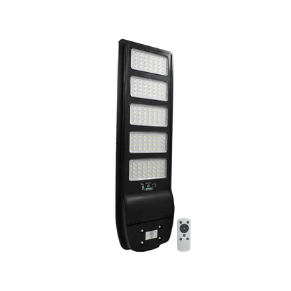 Luminaria solar LED exterior negra 5 paneles con sensor de movimiento control remoto e indicador de batería.