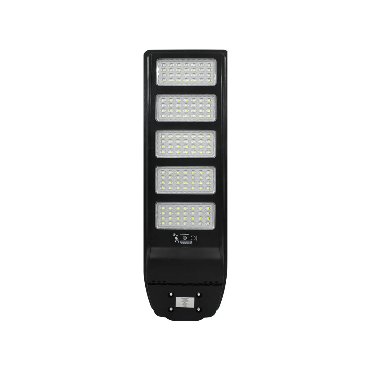 Lámpara solar suburbana negra de 5 paneles LED con sensor de movimiento para alumbrado público exterior.