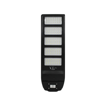Lámpara solar suburbana negra de 5 paneles LED con sensor de movimiento para alumbrado público exterior.