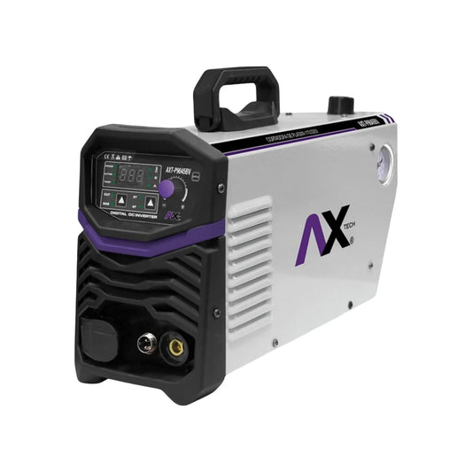 AXT-P9045BV,Voltaje de alimentación: 110/220 V,Consumo: 5000W/110 V y 8000W/220 V,Rango de amperaje: 20-30A/110 V y 20-45A/220 V,Voltaje en vacío: 220 V,Frecuencia: 60 Hz,Amperímetro Digital.,Bornes: 1/8-1/2",Alimentación de aire requerida: 170L/min, 60 PSI,Regulador de aire integrado.,Botón para test de electro válvulA,Selector para corte en continuo o de rejilla.
