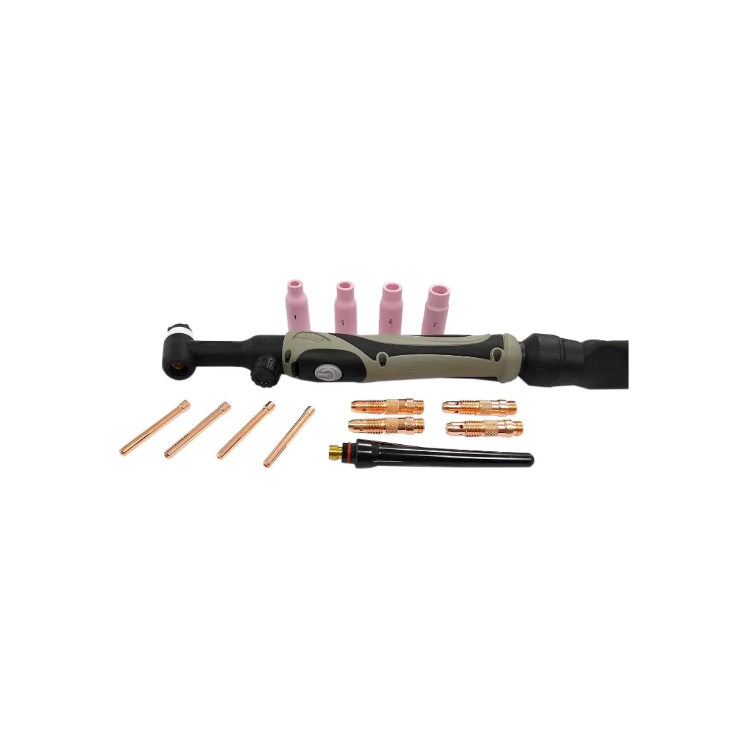 Antorcha TIG flexible gris con 4 boquillas rosas, colectores y bodies de cobre para soldadura profesional.