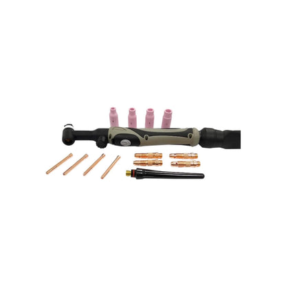 Antorcha TIG flexible gris con 4 boquillas rosas, colectores y bodies de cobre para soldadura profesional.