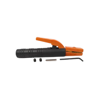Porta electrodo profesional de soldadura 300A con mango ergonómico negro/naranja, incluye tornillos y llave hexagonal.