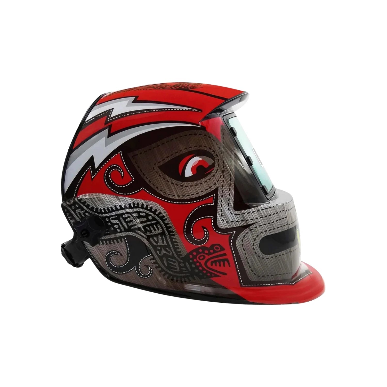 Careta automática para soldar con diseño tribal luchador, roja, gris y negra, con rayos y ojo estilizado