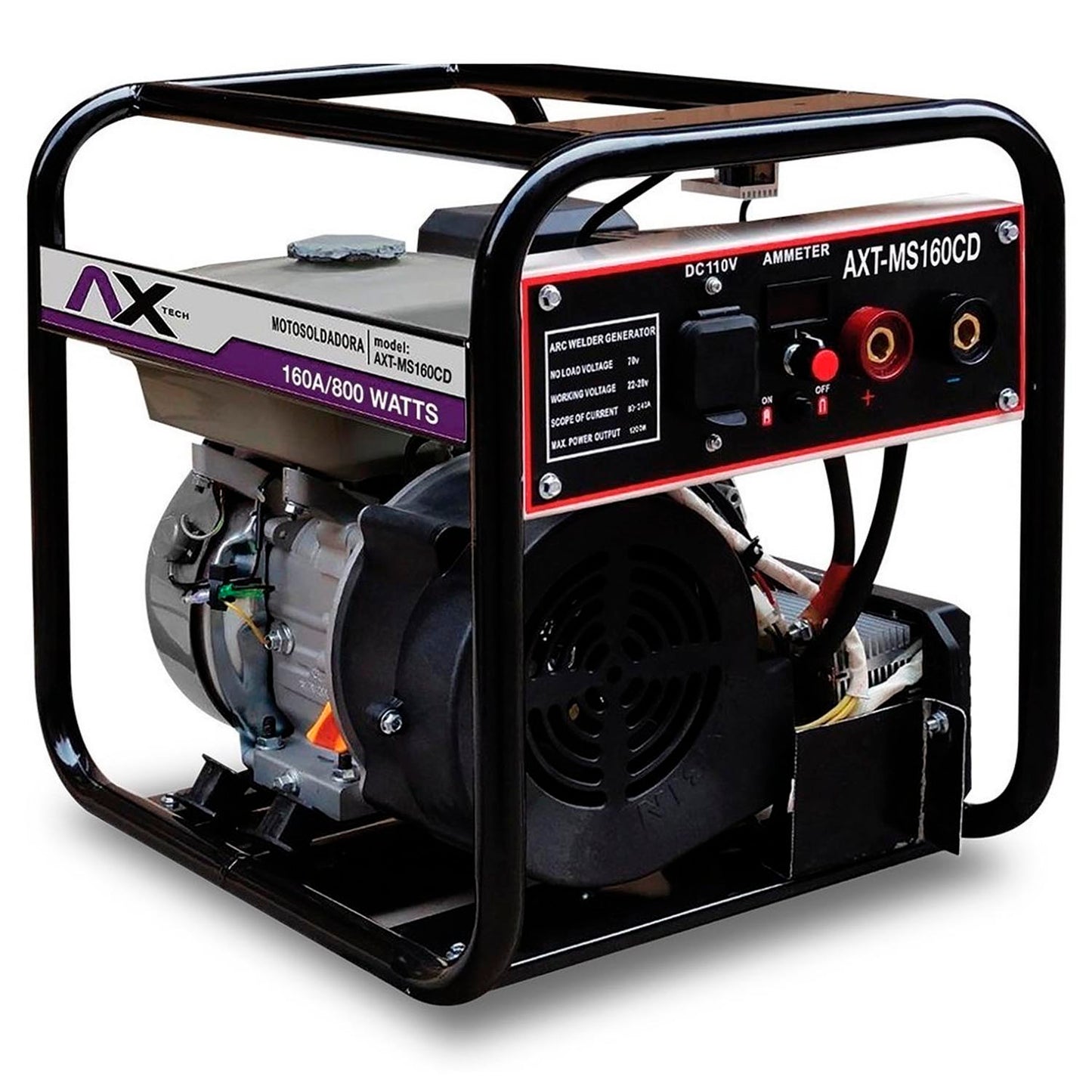 Voltaje de salida: 65 V,Rango de amperaje: 50-120 A,Generador de corriente directa a 110 V / 60 Hz de 500 W,Peso: 36 kg,Bornes de conexiÃ³n rÃ¡pida de 1/2",AmperÃ­metro digital.,Encendido manual.,Ciclo de trabajo 60% a 64 A y 30% a 120 ,Recomendado para E6011, E6013