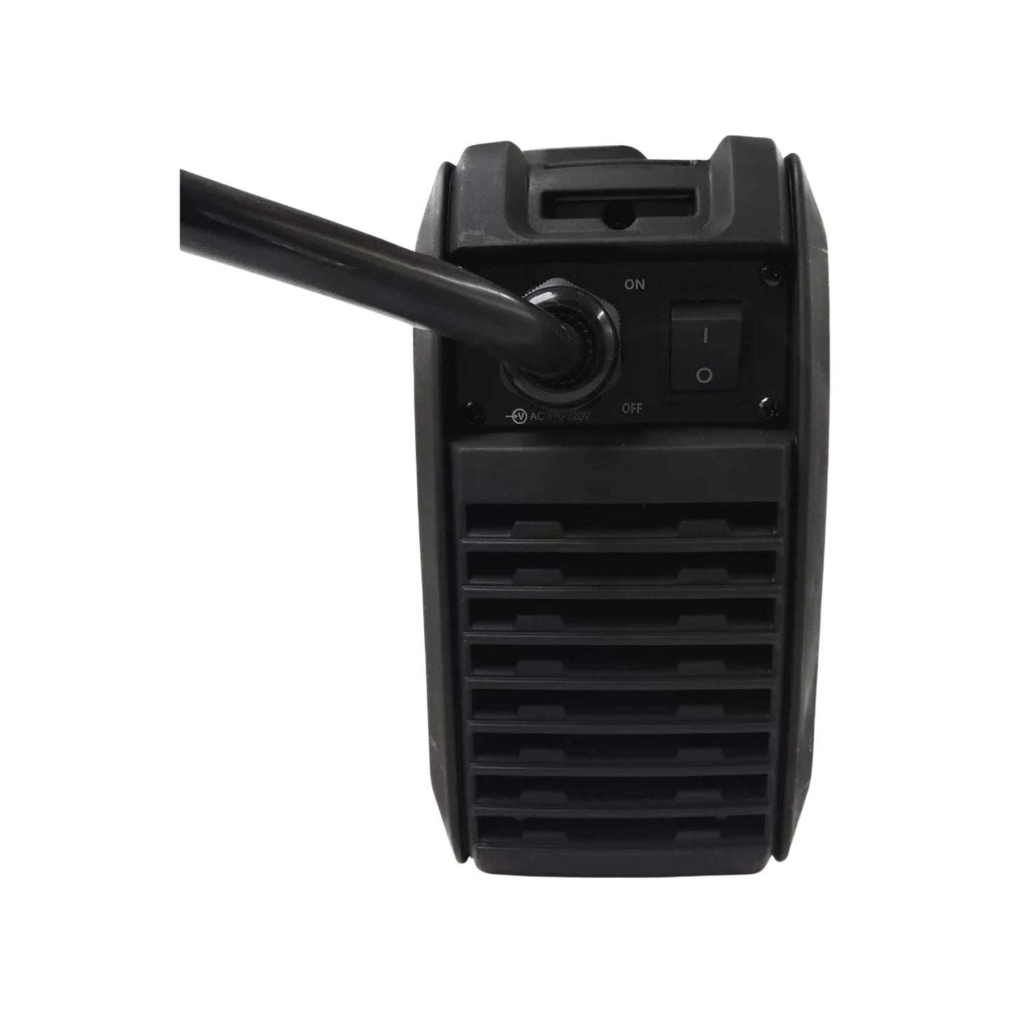 Soldadora inversora negra. Panel trasero con interruptor ON/OFF, conexión de corriente AC 110/220V y rejillas de ventilación.