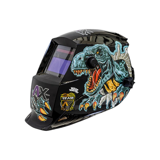 Careta para soldar automática Axtech negra con diseño de T-Rex furioso, lente auto-oscurecible profesional