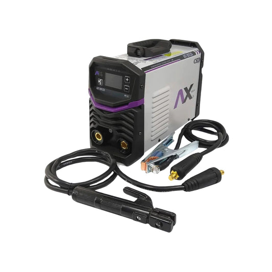 Soldadora inversora Axtech AXT-207LCD 200A para electrodo, gris y morado con display digital, cables y pinza.