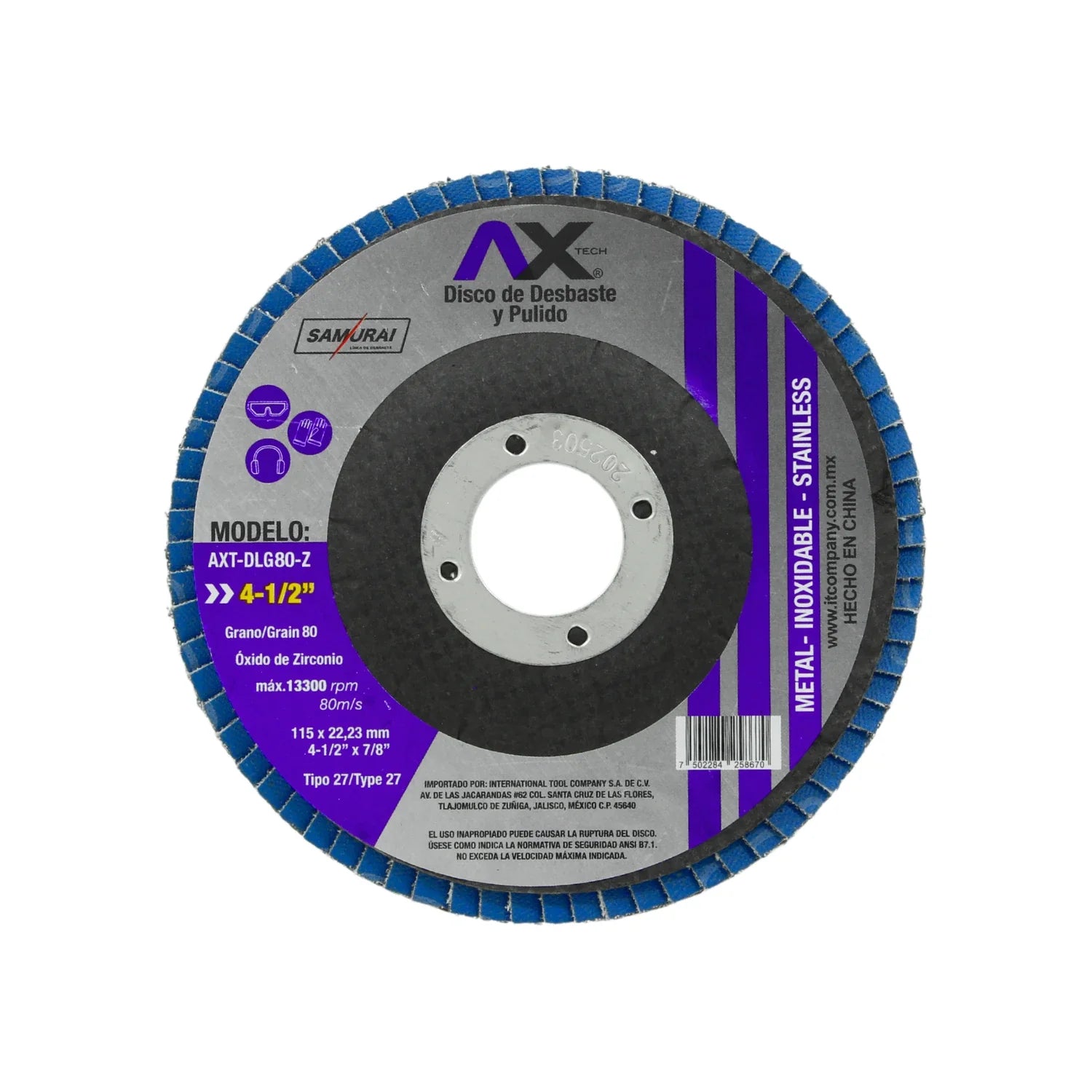 Elaborado de óxido de Zirconio.,Disco de desbaste y pulido.,4 ½"x7/8" (115x22.23 mm).,Velocidad: 1330 RPM 80 m/s,No exceda la capacidad máxima. 