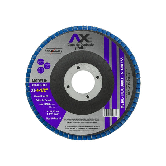 Elaborado de óxido de Zirconio.,Disco de desbaste y pulido.,4 ½"x7/8" (115x22.23 mm).,Velocidad: 1330 RPM 80 m/s,No exceda la capacidad máxima. 