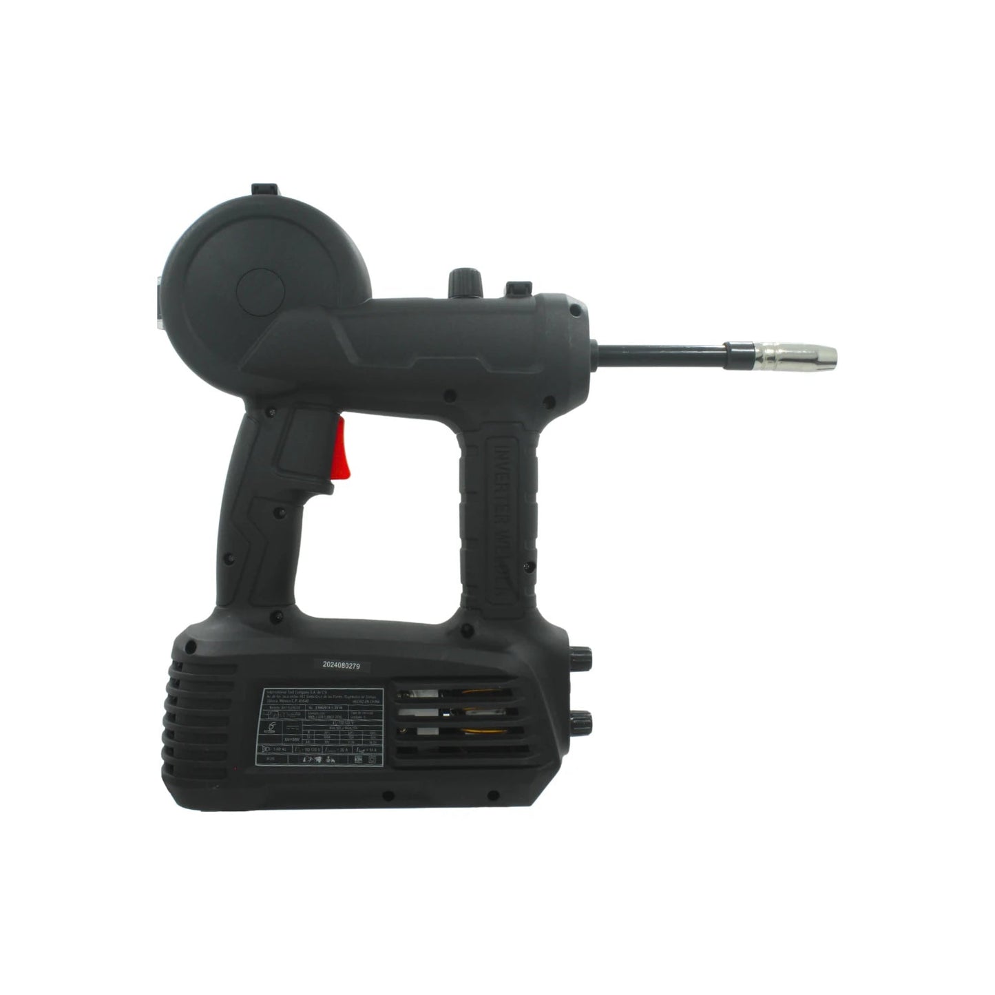 Soldadora inversora tipo pistola negra para soldadura flux, portátil y compacta con alimentador de alambre.