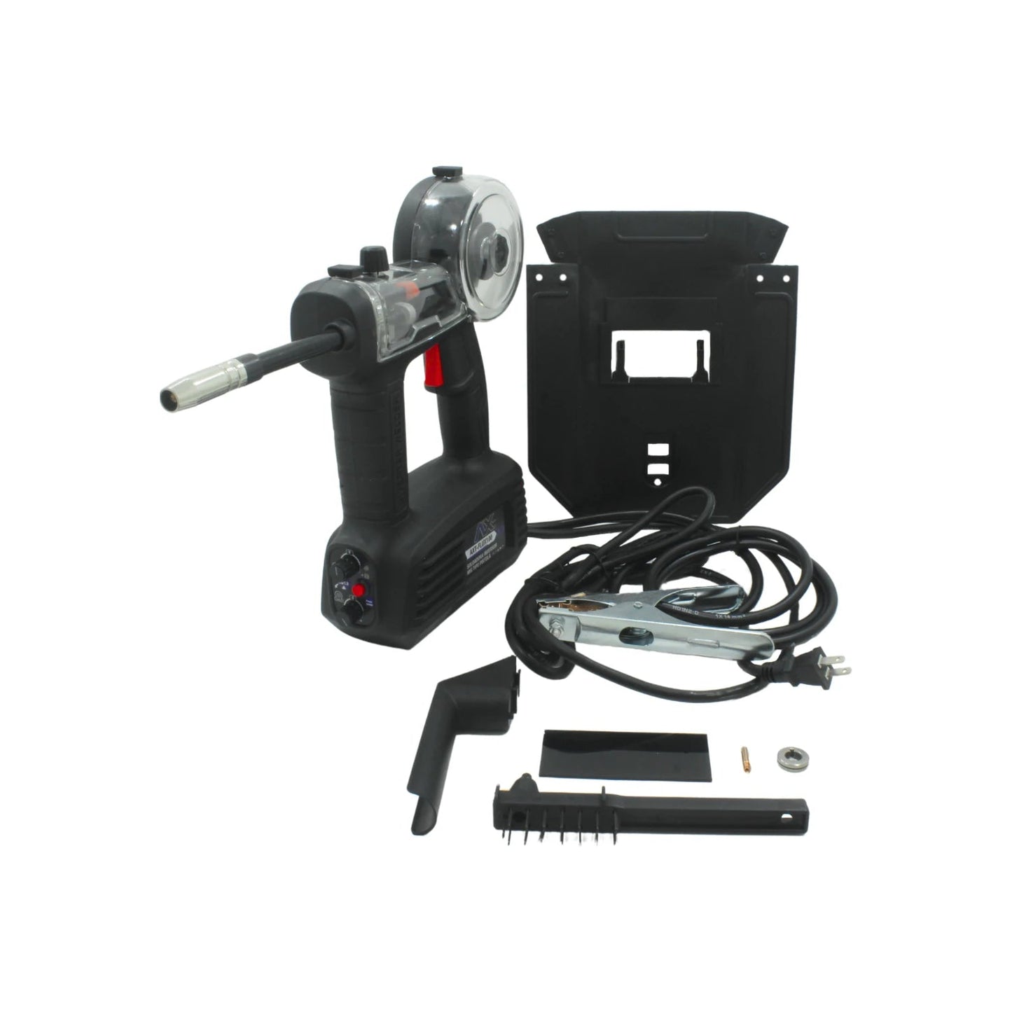 Soldadora inversora Axtech AXT-FLUX100 tipo pistola negra, kit con careta, pinza de tierra y accesorios de soldar.