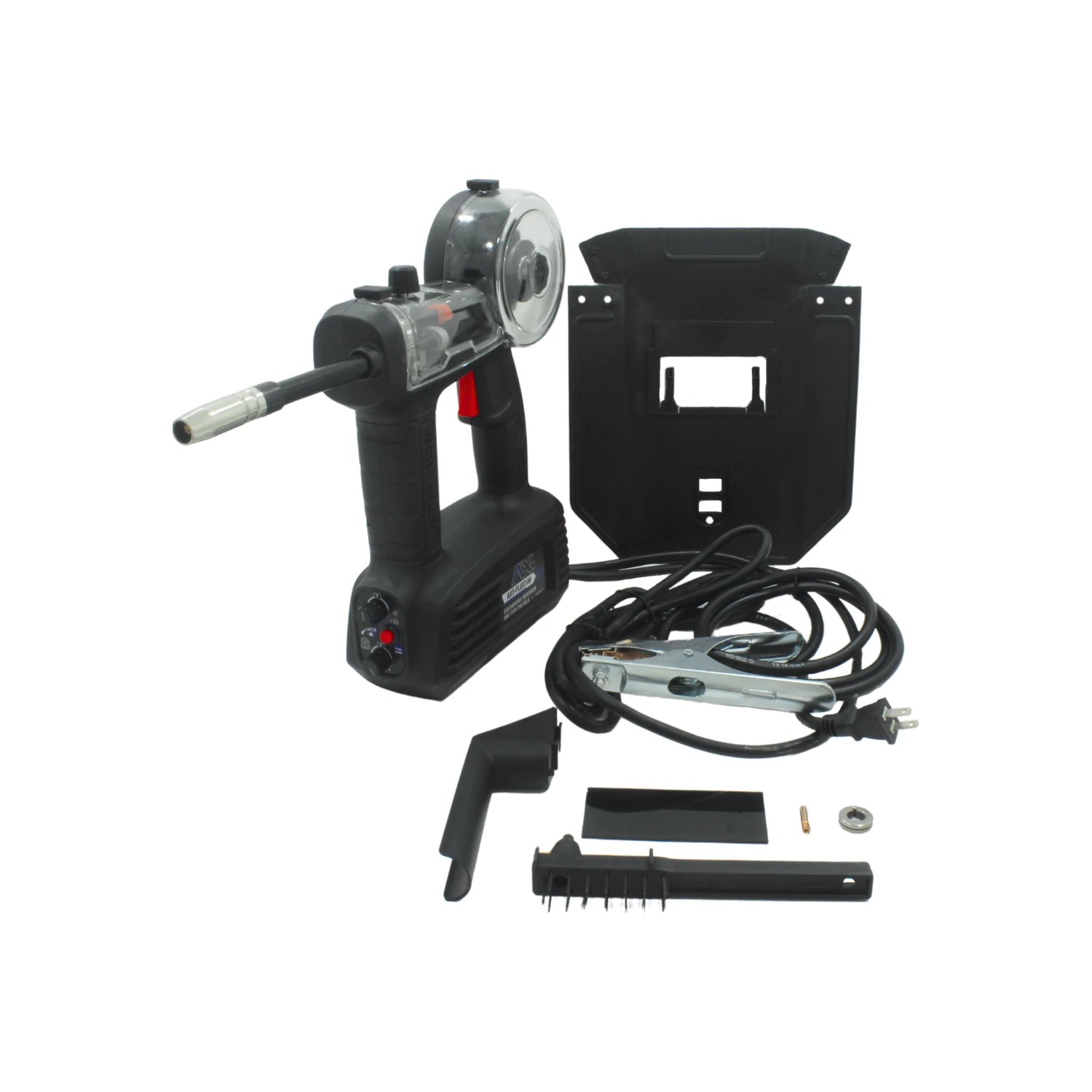 Soldadora inversora Axtech AXT-FLUX100 tipo pistola negra, kit con careta, pinza de tierra y accesorios de soldar.