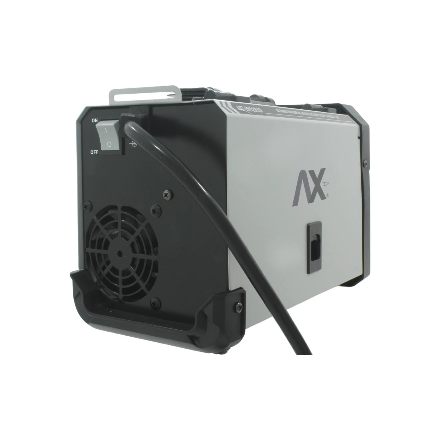 Soldadora inversora Axtech AXT-EM120LED gris y negra vista lateral. Equipo portátil con botón ON/OFF y ventilador.