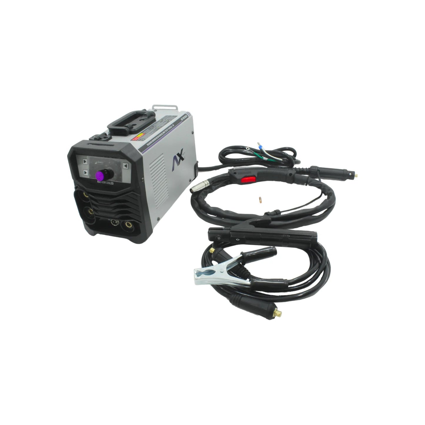Soldadora inversora Axtech AXT-EM120LED 120A para soldadura TIG LIFT/MMA, gris/negro, con antorcha y pinza.