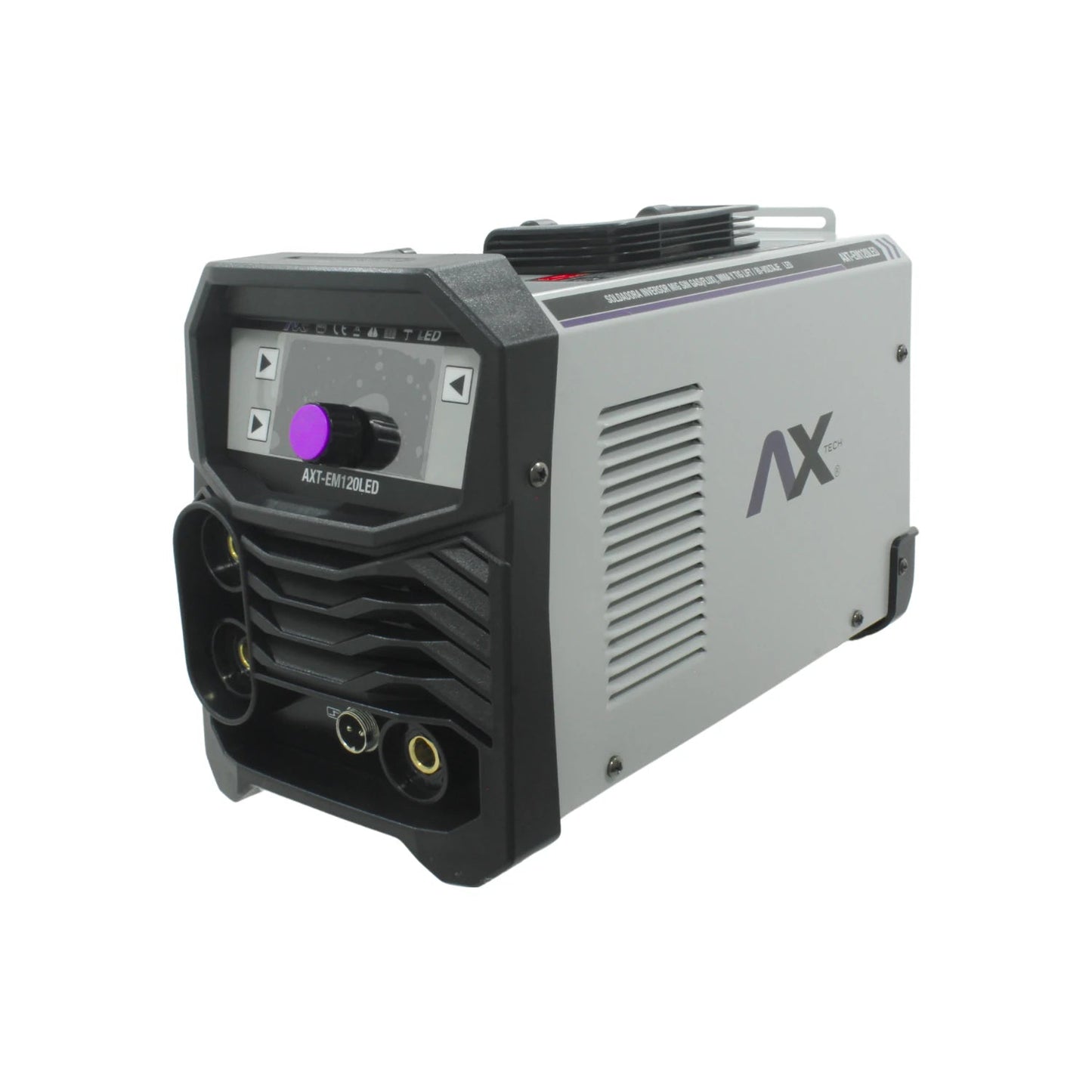 Soldadora inversora Axtech AXT-EM120LED gris para soldadura MIG sin gas, TIG LIFT y MMA, panel digital.