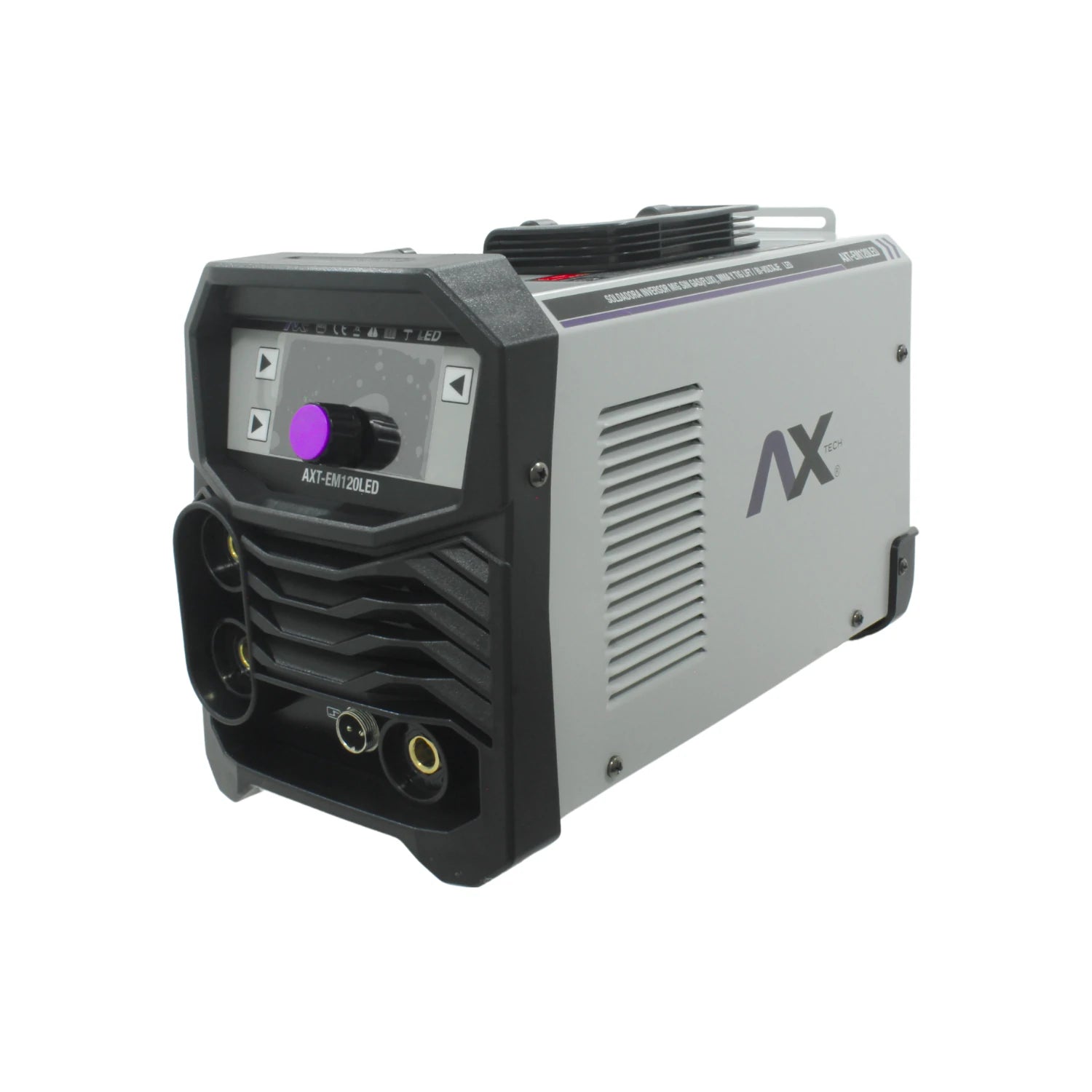 Soldadora inversora Axtech AXT-EM120LED gris para soldadura MIG sin gas, TIG LIFT y MMA, panel digital.