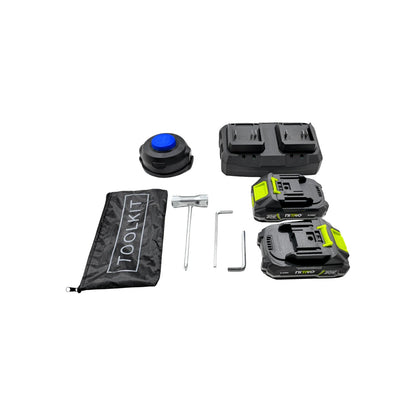 Kit de accesorios para desbrozadora inalámbrica Nitro: dos baterías de litio 20V 2.0Ah, cargador dual y toolkit.