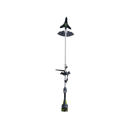 Desbrozadora inalámbrica 450W con mango tipo D, colores verde y negro, para corte de maleza y jardinería.