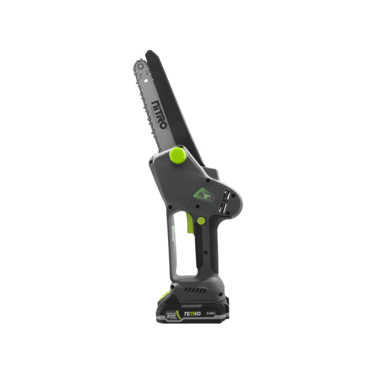 Mini motosierra inalámbrica Nitro 20V con batería de 2.0Ah para poda de jardín portátil gris y verde