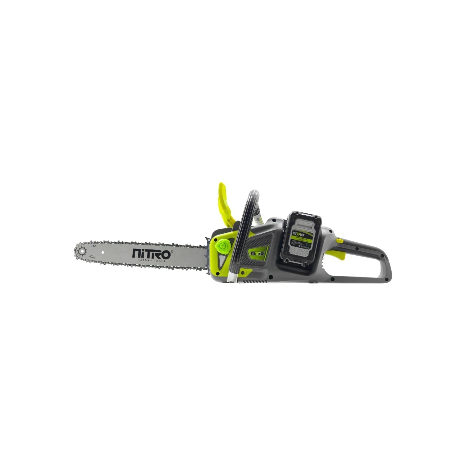 Motosierra a batería Nitro 16'' 1200W, gris y verde fluorescente, para poda y corte de madera