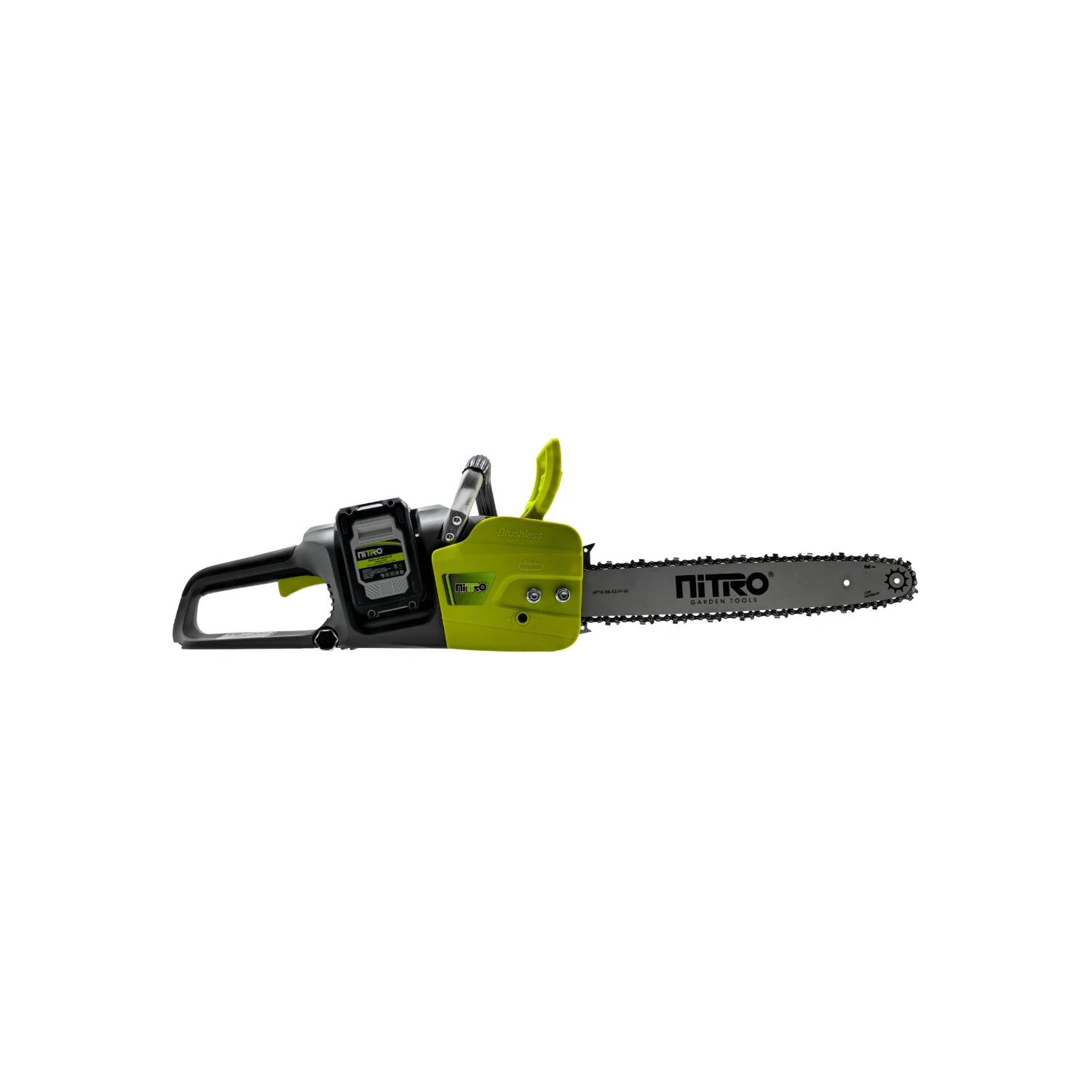 Motosierra inalámbrica Nitro 16" brushless, verde y negra, con batería, para poda y corte de madera.