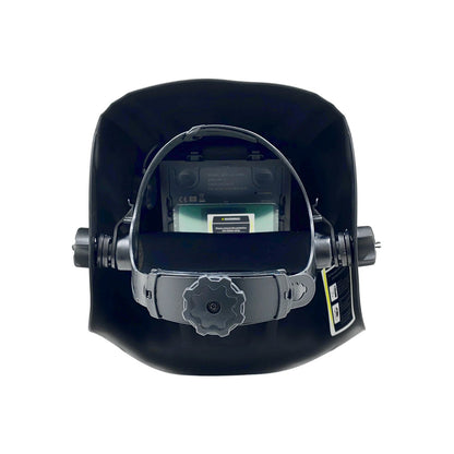 Careta para soldar automática negra vista interior con diadema ajustable y filtro auto oscurecimiento.