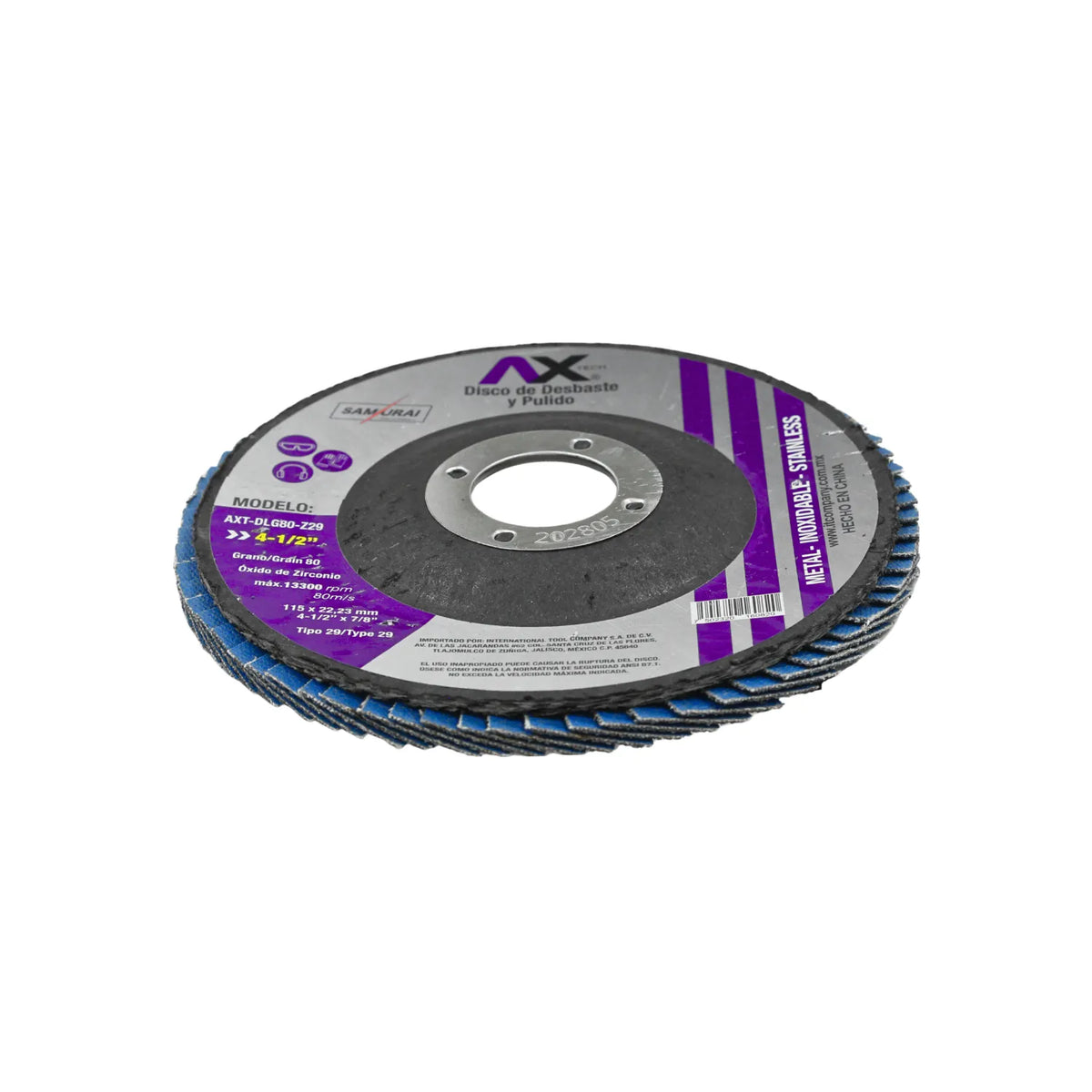 Disco flap AX-Tech 4-1/2" grano 80 óxido de zirconio para desbaste de metal y acero inoxidable azul tipo 29