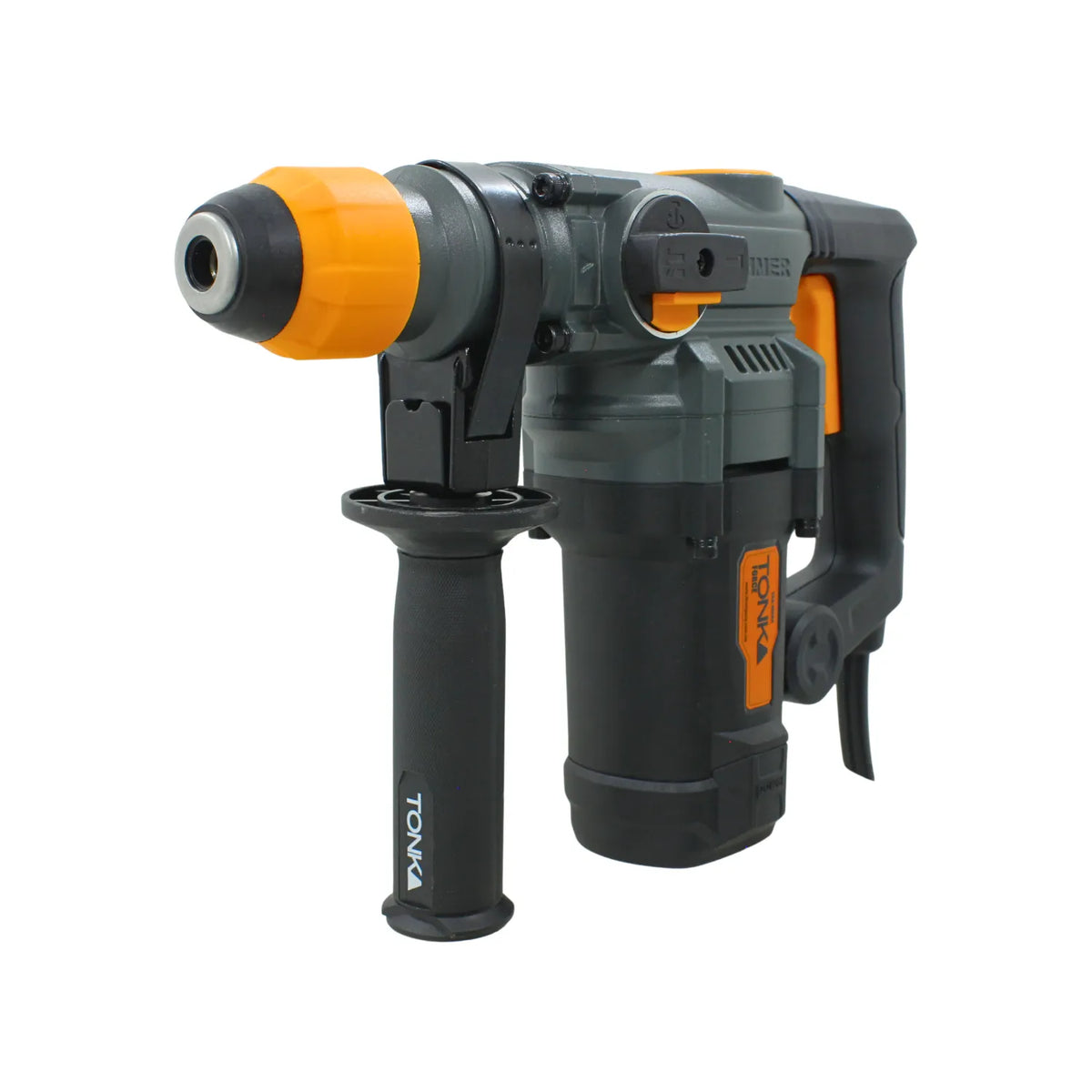 Rotomartillo Tonka gris y naranja con mango auxiliar ajustable para perforación y demolición profesional.
