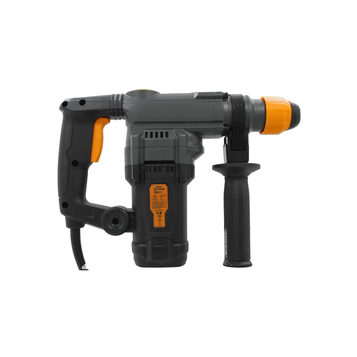Rotomartillo Tonka gris y negro con gatillo naranja, herramienta eléctrica para perforación con mango lateral de apoyo.