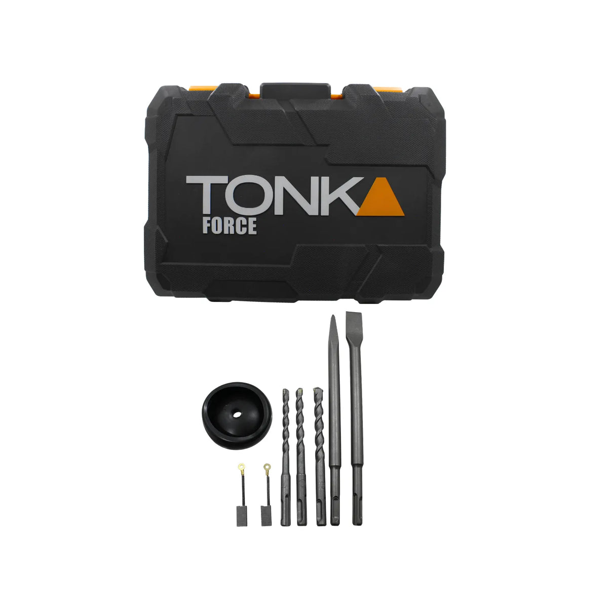 Kit Tonka Force para rotomartillo: brocas SDS, cinceles, carbones, recolector de polvo y maletín negro.