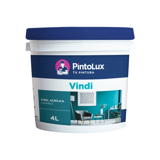Bote de pintura vinílica acrílica lavable Vindi PintoLux 4L. Ideal para interiores, muestra pared turquesa.