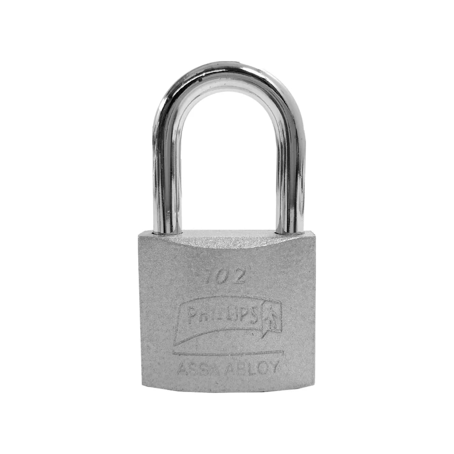 Candado de seguridad Phillips 102 plateado con grillete cromado. Marca ASSA ABLOY.
