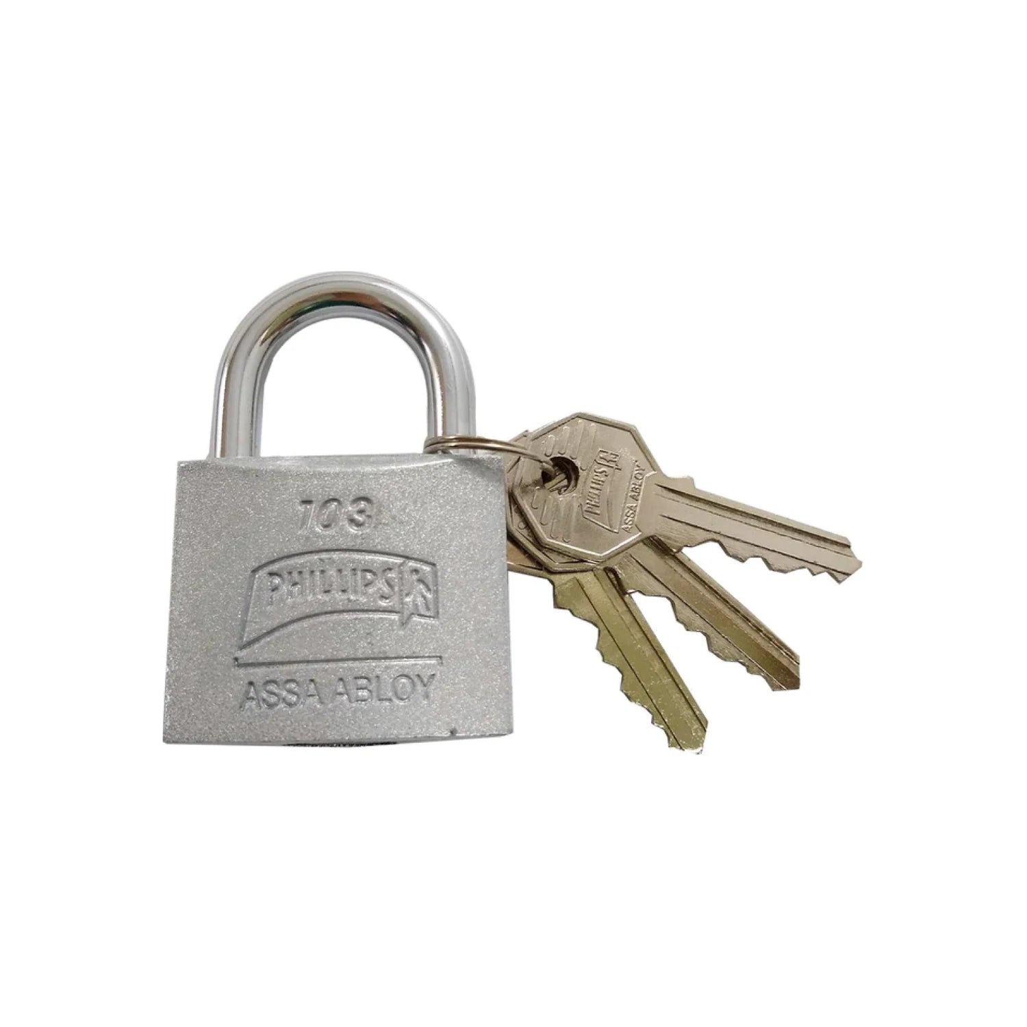 Candado de seguridad Phillips 103 con gancho corto y llaves, acabado gris, marca Assa Abloy
