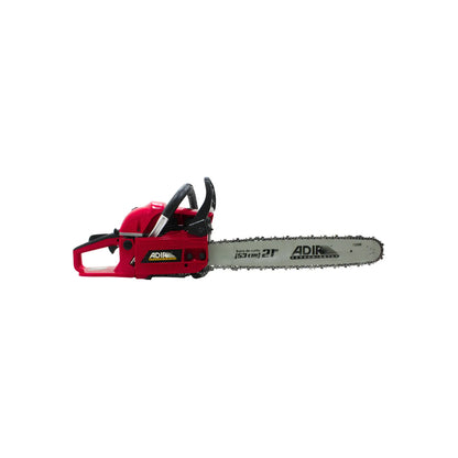Motosierra a gasolina roja marca ADIR con barra de 21 pulgadas 53cm para corte de madera y tala profesional.