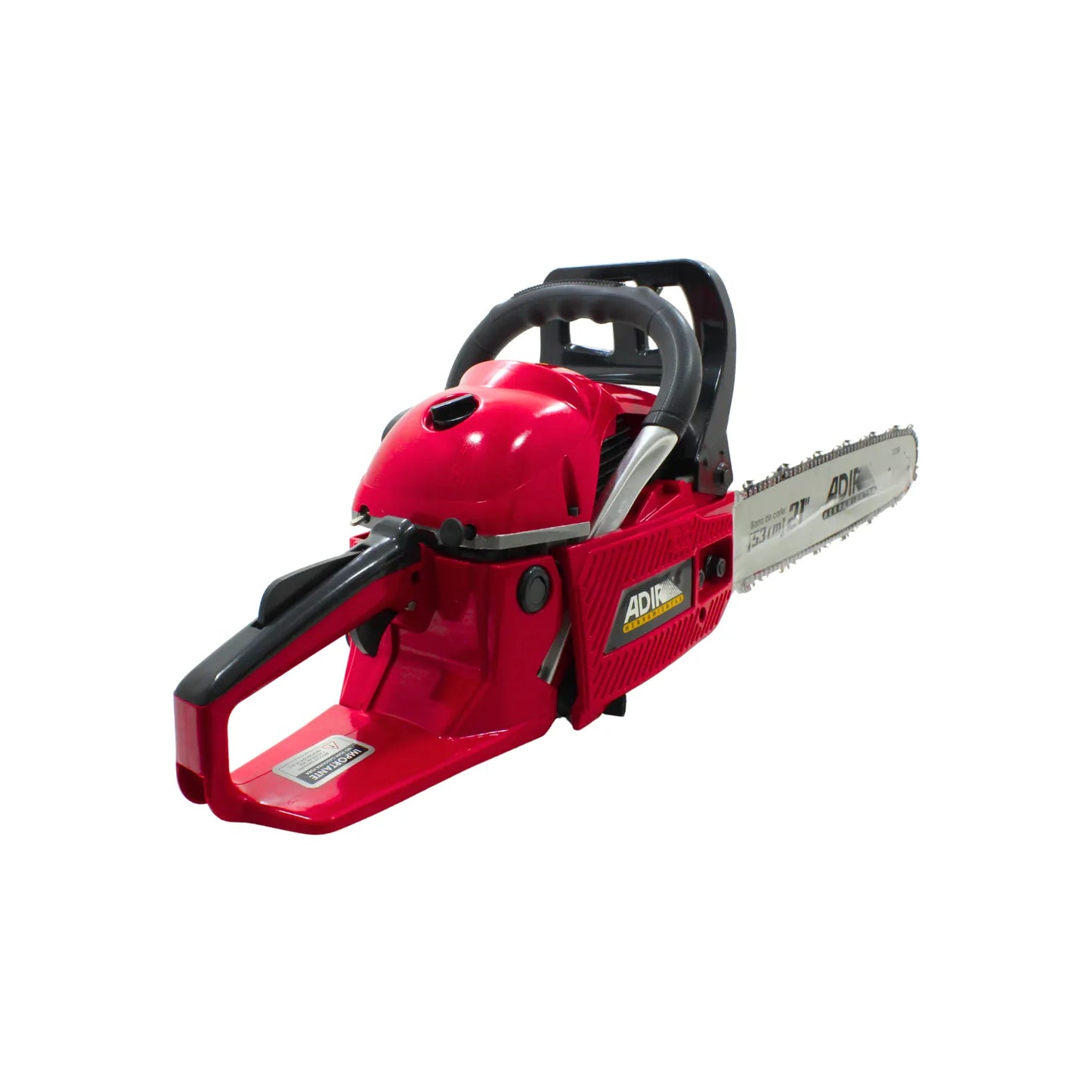 Motosierra a gasolina ADIR roja con barra de 21 pulgadas para corte y poda de madera profesional.