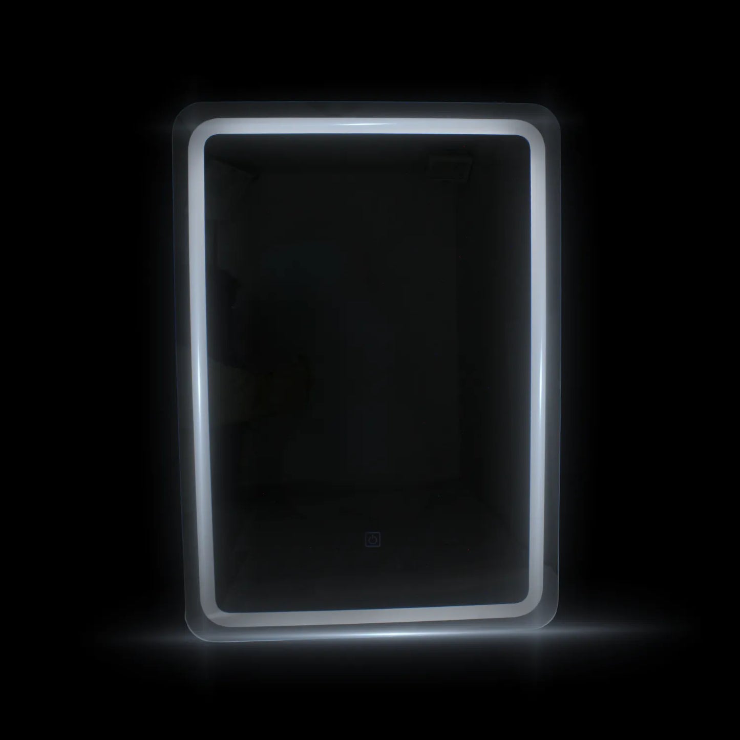 Espejo rectangular con iluminación LED frontal blanca y botón táctil para baño o tocador estilo moderno.