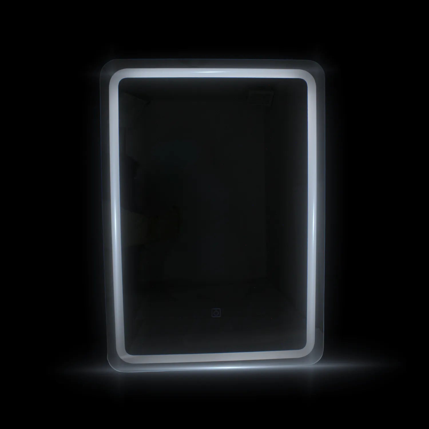 Espejo rectangular con iluminación LED frontal blanca y botón táctil para baño o tocador estilo moderno.