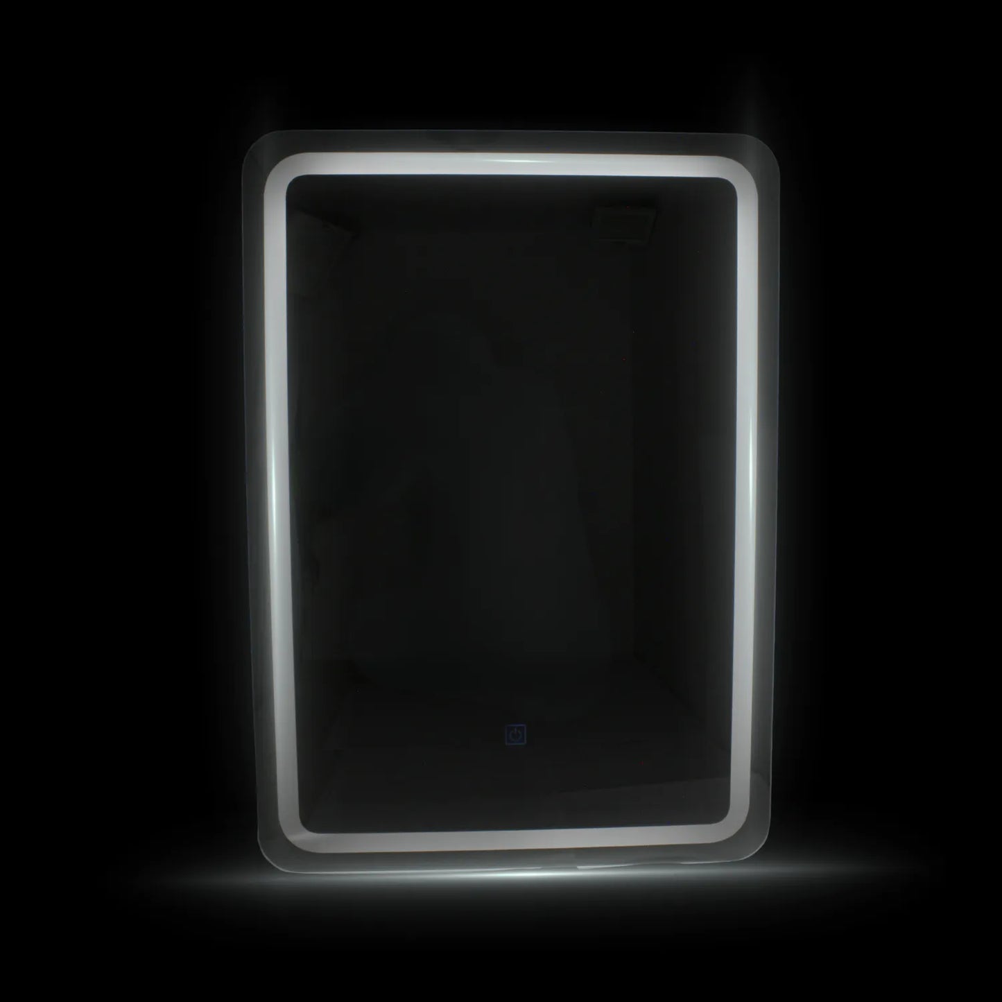 Espejo rectangular con marco de luz LED blanca y sensor táctil para baño diseño minimalista y moderno.