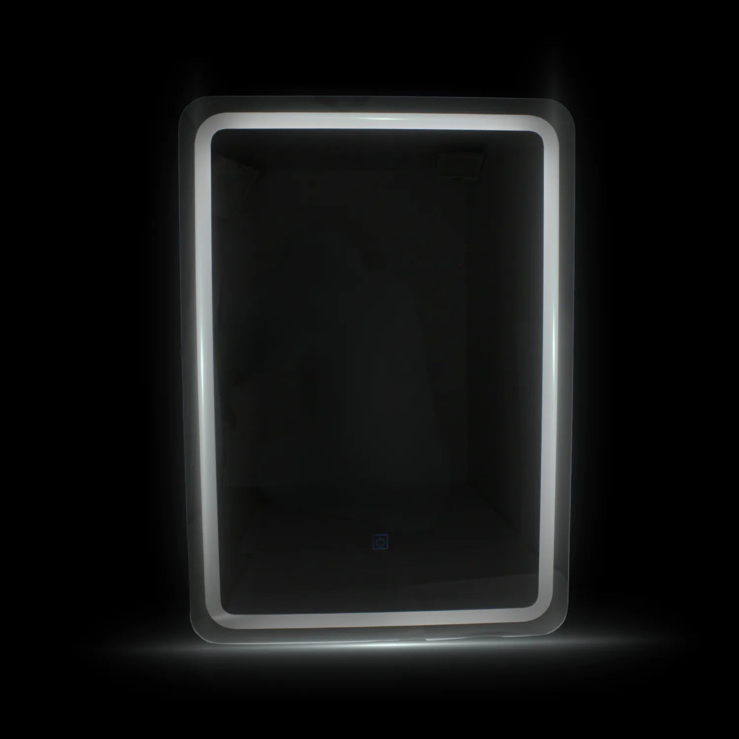 Espejo rectangular con marco de luz LED blanca y sensor táctil para baño diseño minimalista y moderno.