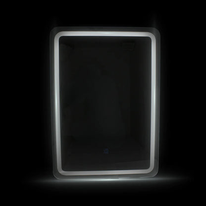 Espejo rectangular con marco de luz LED blanca y sensor táctil para baño diseño minimalista y moderno.